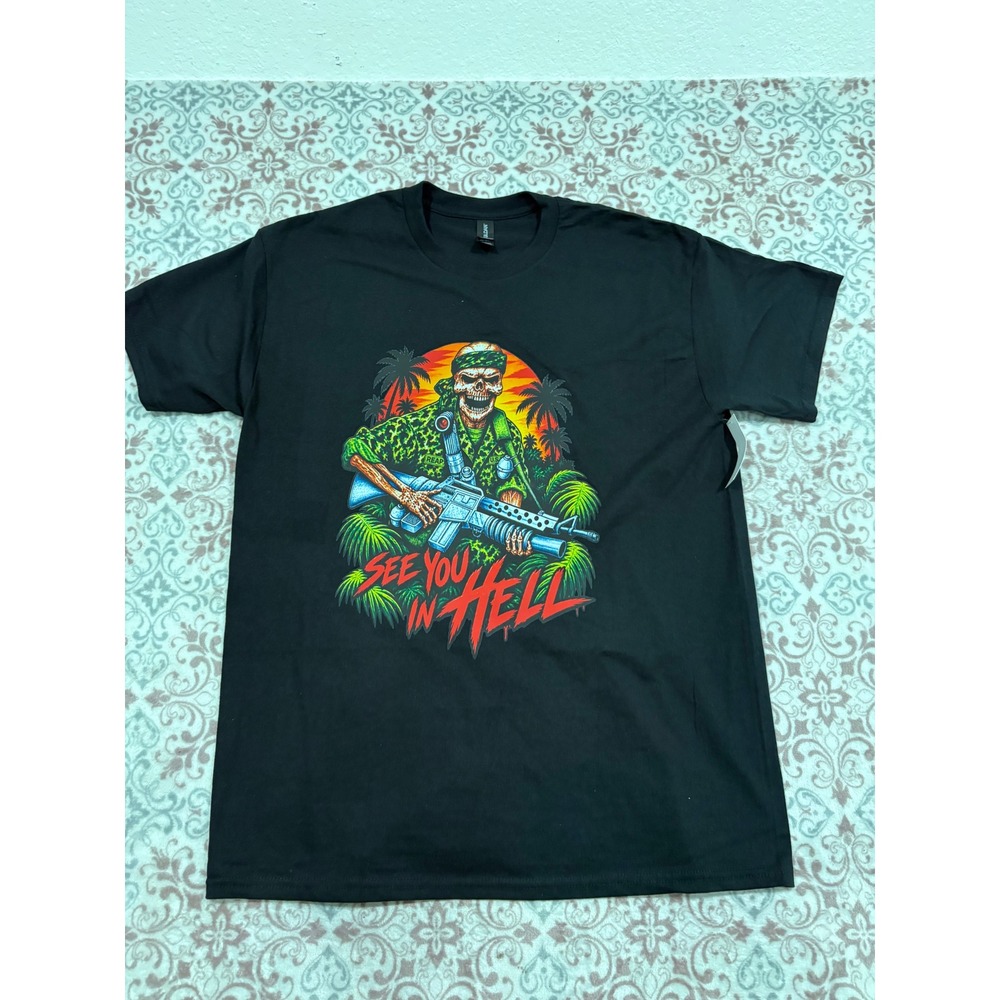 Gildan Heavy Cotton See You In Hell Skeleton Soldier Graphic T-Shirt Black L